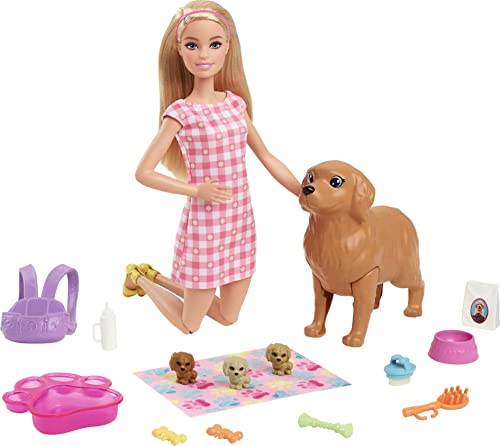 Barbie Doll and Newborn Pups Playset Doll (Blonde, 11.5 in) Mommy Dog with Birthing Feature, 3 Puppies & Nurturing Accessories - sctoyswholesale