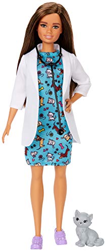 Barbie Pet Vet Brunette Doll with Career Pet-Print Dress, Medical Coat, Shoes and Kitty Patient - sctoyswholesale