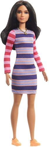 Barbie Fashionistas Doll with Long Brunette Hair Wearing Striped Dress - sctoyswholesale