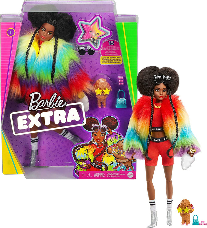 Barbie Extra Doll #1 in Furry Rainbow Coat with Pet Poodle, Brunette Afro-Puffs with Braids, Including ‘Shine Bright’ Sunglasses, Multiple Flexible Joints - sctoyswholesale